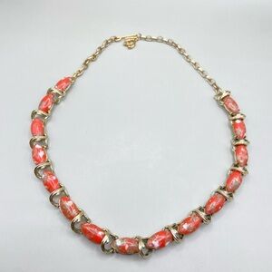 Vintage Red Orange and White Marbled Stone Necklace